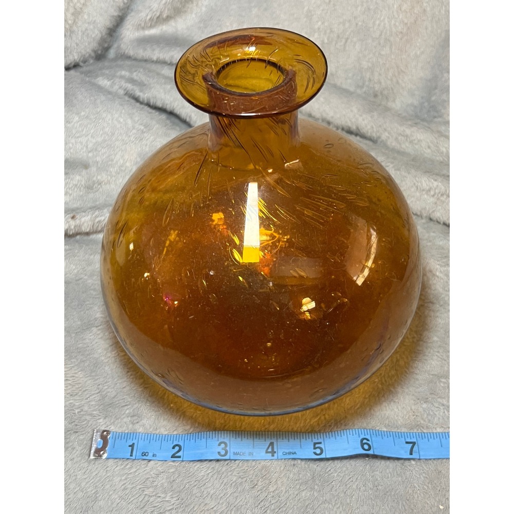 Vintage Amber Glass Vase Seed Bubble MCM Shape Wide Mouth Mid Century Decor